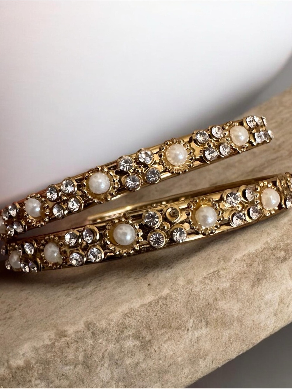 Gold Pearl & Crystal Bangle Bracelet Set - Elegant Women's Jewelry - Picture 2 of 3